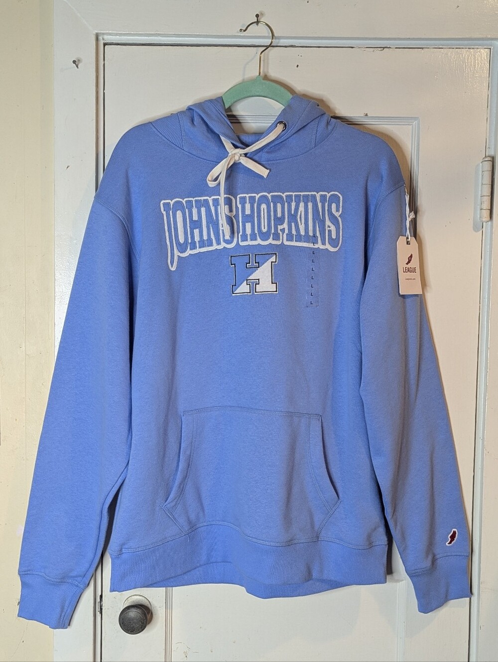 League Collegiate Johns Hopkins Blue Jays Lt Blue Fleece Pullover Hoodie Lg NWT